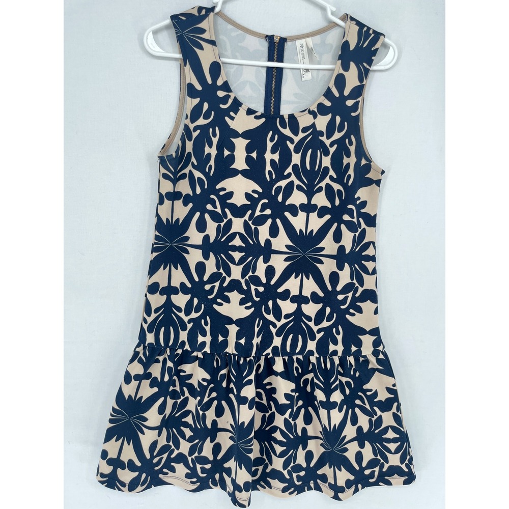 Pink Owl Sleeveless Ruffle Hem Dress Navy Tan Geometric Print Size M Mini Zip